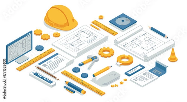 Fototapeta Isometric engineering tools and blueprints for construction and design projects