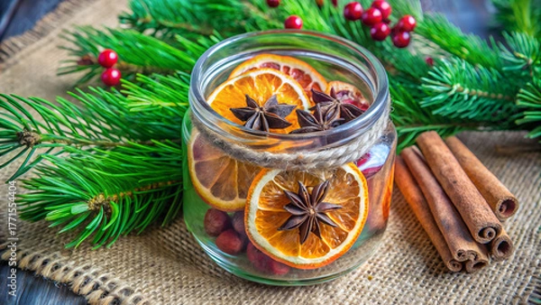 Fototapeta Festive rustic holiday jar with dried citrus spices pine branches and berries on burlap winter decor background