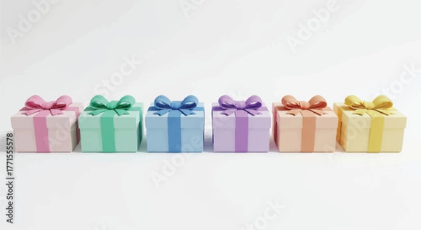 Obraz Row of wrapped gift boxes in various pastel colors with ribbon bows on top against a plain white background.