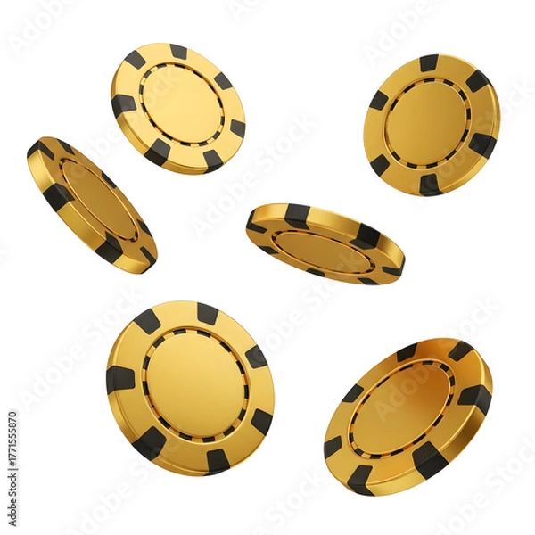 Fototapeta Golden casino chips scattered and falling isolated on transparent background