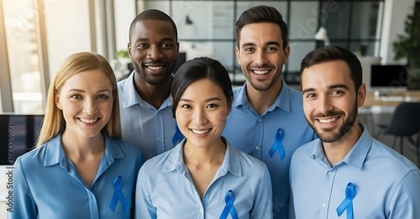 Fototapeta Group of coworkers wearing blue shirts and ribbons in modern office, awareness month concept