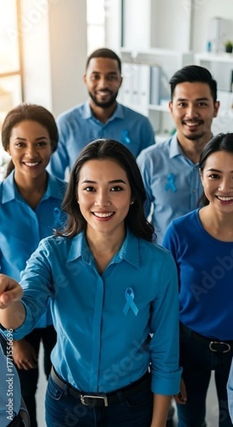 Fototapeta Group of coworkers wearing blue shirts and ribbons in modern office, awareness month concept