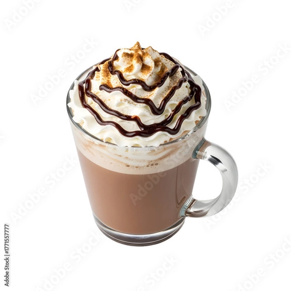 Fototapeta Delicious hot chocolate with whipped cream and chocolate drizzle isolated on transparent background