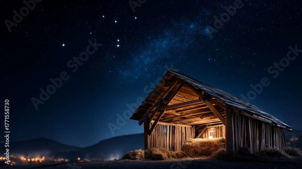 Fototapeta Rustic wooden stable structure at dark blue starry night sky with twinkling stars Jesus Christ birth nativity concept Christmas holy night celebration ancient Bethlehem scene