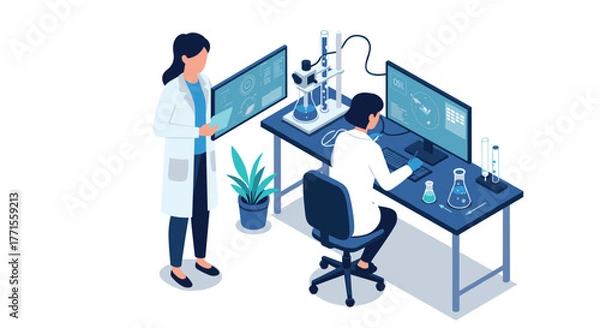 Obraz Modern laboratory research: scientists analyzing data with advanced technology