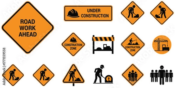 Obraz Vector Icon Set: Road Construction, Work Zone Safety Signs, and Worker Pictograms