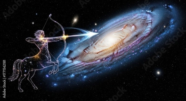 Obraz Cosmic archer illustration a centaur aiming an arrow at a vibrant distant galaxy concept