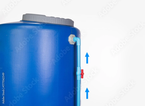 Obraz Blue Cylindrical PE Plastic Water Storage Tank with PVC Inlet Pipe, Isolated on White