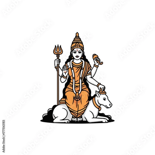 Obraz Isolated Hindu goddess icon displaying traditional symbolism and spiritual significance. Hindu goddess representation with cow, trident, and multiple arms symbolizes power and divinity.