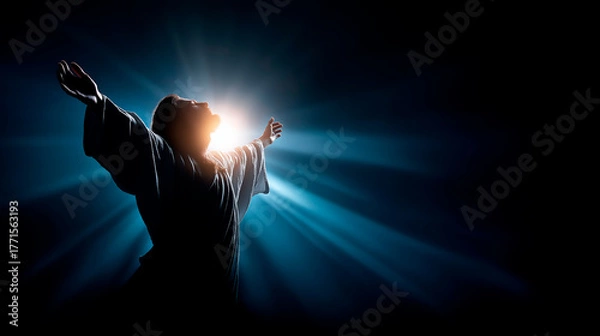 Fototapeta Dramatic silhouette of Jesus Christ standing in brilliant rays of divine supernatural light profound resurrection concept Easter powerful symbolism Christian faith and victory