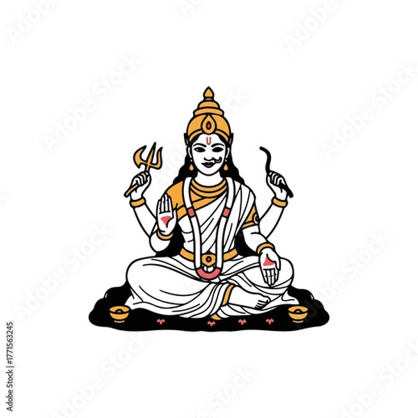 Fototapeta Depiction of hindu goddess Saraswati seated on lotus flower, iconic portrayal. Saraswati, goddess of knowledge, music, arts, wisdom, and learning, sitting in serene pose.