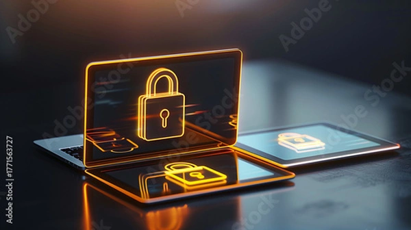 Fototapeta Laptop e tablet com pasta holográfica e cadeado brilhante, conceito de cibersegurança, compliance e backup em nuvem. Luz de recorte, reflexos suaves e fundo limpo com espaço para copy