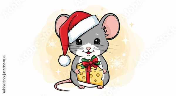 Obraz Cartoon illustration of a gray mouse wearing a Santa hat, holding a wrapped piece of cheese with a red bow.