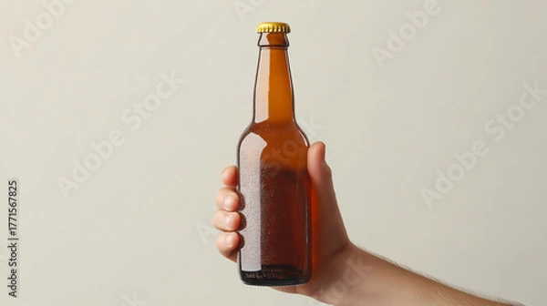 Fototapeta Person holding a cold amber bottle, refreshing beverage, casual setting, thirst-quenching drink