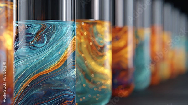 Fototapeta Colorful liquid in glass container with swirling patterns representing bioeconomy concept in abstract style with vibrant blue and orange tones
