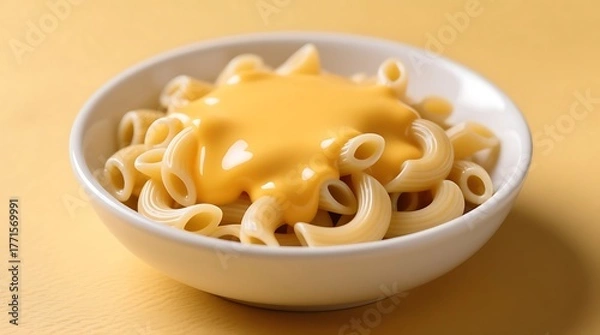 Fototapeta Bowl of Macaroni and Cheese with Smooth Yellow Sauce on Plain Background