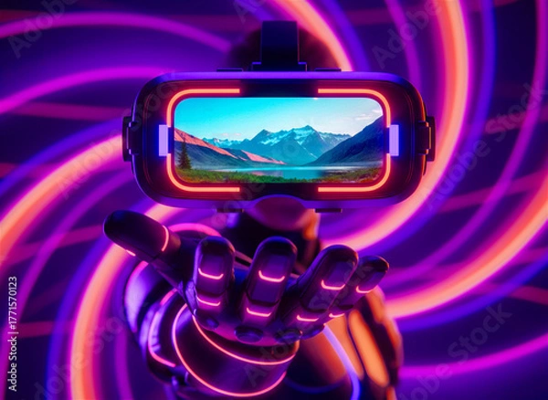 Fototapeta Futuristic Robot Hand Holding Virtual Reality Headset with Digital Landscape and Neon Lights