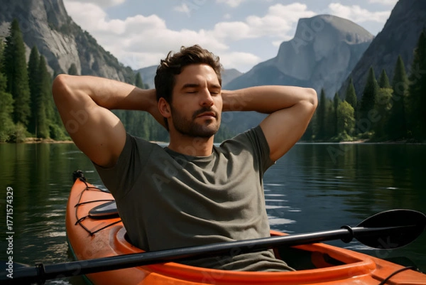 Fototapeta Relaxed man kayaking on mountain lake with eyes closed