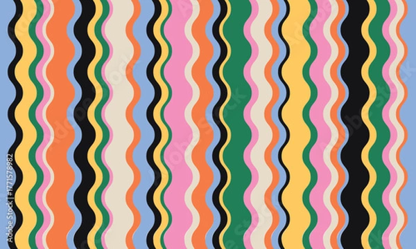 Fototapeta Groovy colorful background in retro 60-70s style. Abstract funky wavy design template