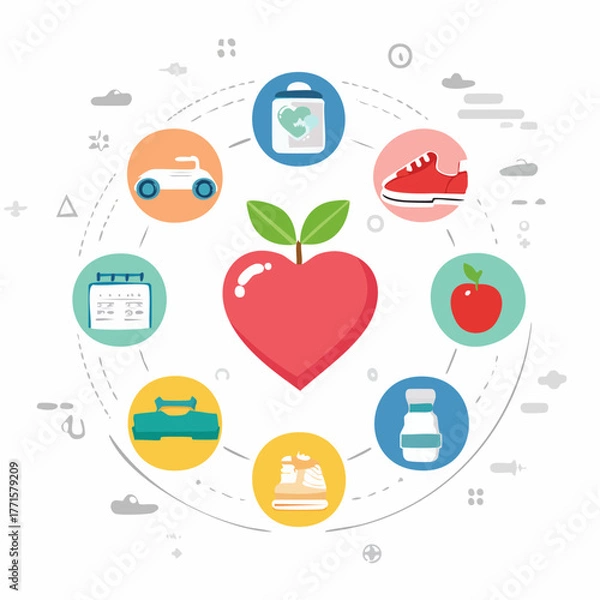 Fototapeta Modern flat design icons illustrating the key components of a healthy lifestyle, including diet, exercise, and healthcare, for a complete wellness concept