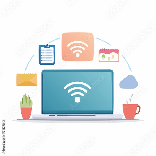 Fototapeta Laptop with Wi-Fi Symbol Surrounded by Icons for Organization and Productivity