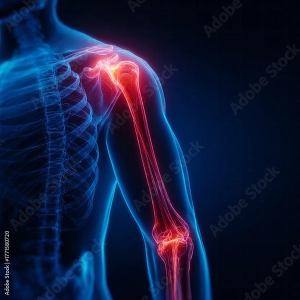 Fototapeta Diagnostic visualization highlights human arm bone structure with intense joint inflammation