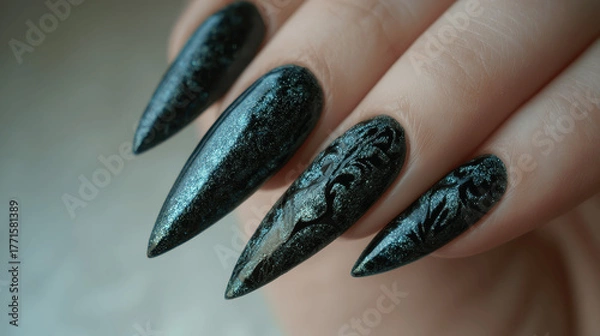 Fototapeta Elegant Black Glitter Stiletto Nails with Embossed Pattern