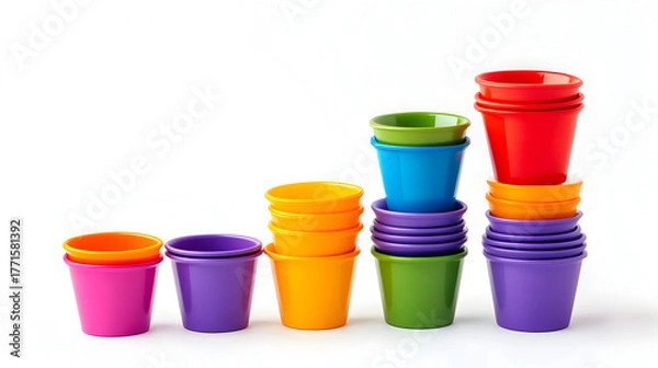 Fototapeta Colorful Pots Stacks on White, Bright Set of Multicolored Plastic Containers Grouped by Color, Arranged in Ascending Order, Fun and Cheerful Composition, Playful and Educational Concept Isolated on