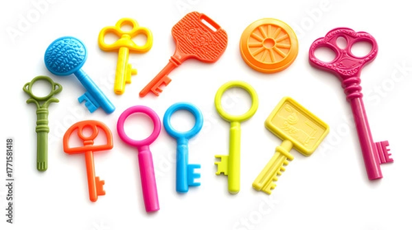 Fototapeta Colorful Toy Keys Assortment for Kids Learning Fun, Bright Plastic Key Collection in Green Blue Yellow Orange and Pink Tones on White Background for Children Education and Play Concept