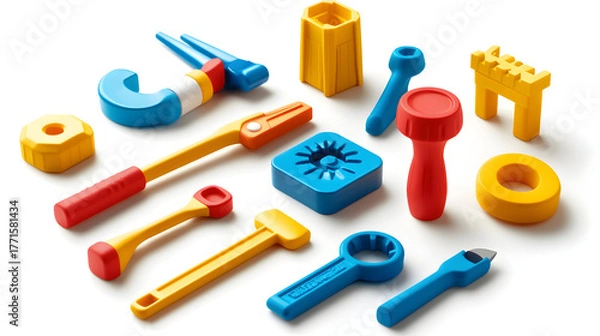 Fototapeta Colorful Toy Tools Set, Construction Toys for Kids, Red Blue Yellow Vibrant Plastic Play Tools for Toddlers, Educational Pretend Play, Brightly Colored Toy Tool Collection on White Background