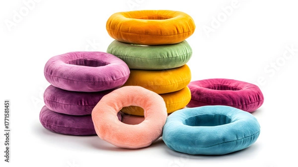 Fototapeta Donut Pillows Stacked Colorful Velvety Round Cushions Comfortable Seating Playful Decor bright and modern soft plush doughnut shape on white backdrop vibrant hues comfortable cozy furnishing minimal