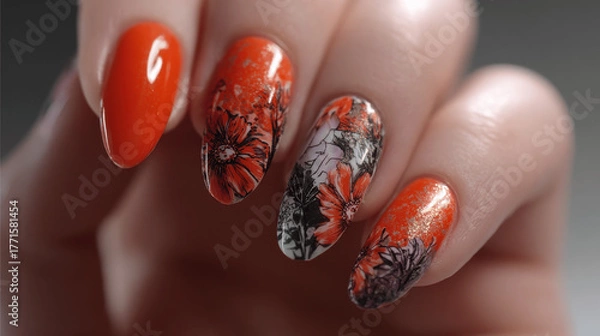 Fototapeta Artistic Orange and Black Floral Nail Art