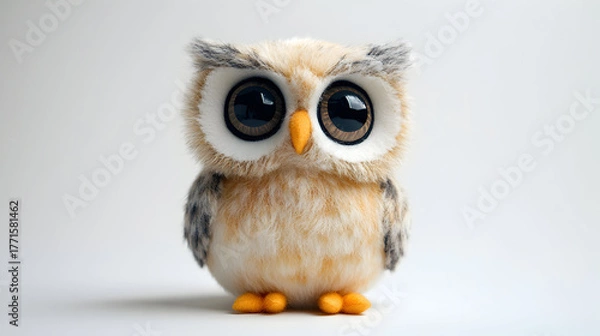 Fototapeta Cute Owl Plush Toy Isolated, Adorable fluffy beige owl with big round eyes and small orange beak, soft plushie animal perfect for gifts, home decor, on a white background studio shot