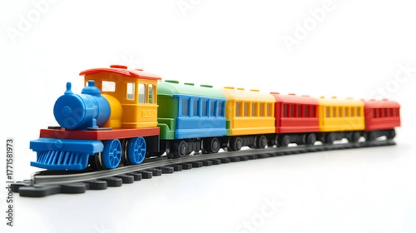 Fototapeta Toy Train Colorful on Track Locomotive Steam Engine Kids Play Plastic Educational Model Childhood Fun Railway Bright Isolated Train Set Childlike Object