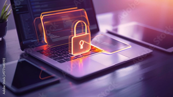 Fototapeta Segurança digital e conformidade: notebook e tablet com pasta luminosa e cadeado, backup na nuvem e controle de acesso. Visual moderno, reflexos delicados e grande espaço negativo