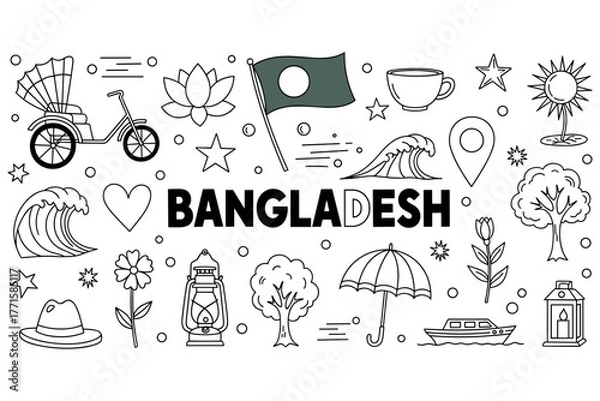 Fototapeta Bangladesh symbols and icons: flag, rickshaw, lotus, and natural elements
