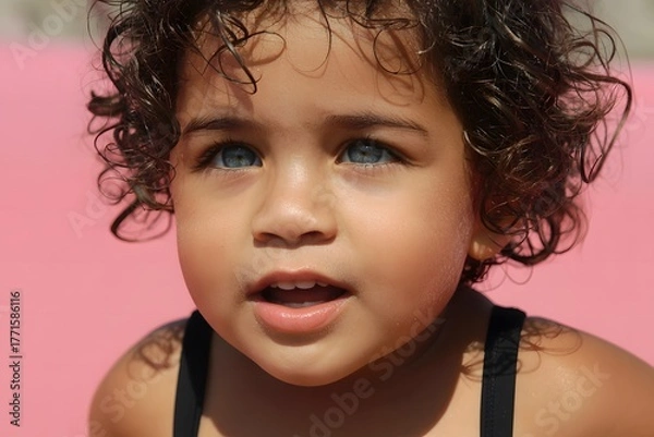 Fototapeta Close-up portrait of adorable curly-haired toddler with bright blue eyes smiling in sunlight against a pink background showing innocence.