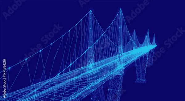 Fototapeta Blue-toned wireframe bridge. Perspective view of a suspension bridge, with dark blue background