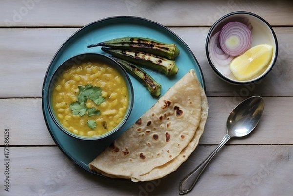 Fototapeta Traditional Indian dal roti meal with grilled okra, onion and lemon slices served on wooden table, authentic vegetarian cuisine plate.