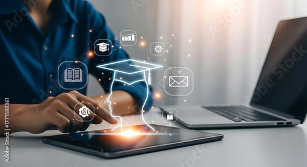 Fototapeta Person using tablet with virtual screen to manage online education system