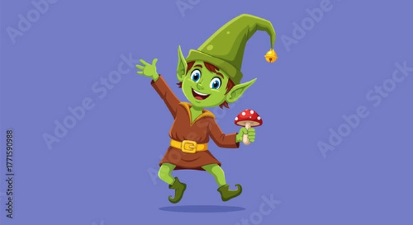 Fototapeta A happy green creature in a brown tunic, green hat, holding a mushroom and on a purple background