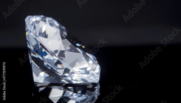 Fototapeta A dazzling diamond on a reflective black surface, showcasing its facets and brilliance in a simple yet elegant composition