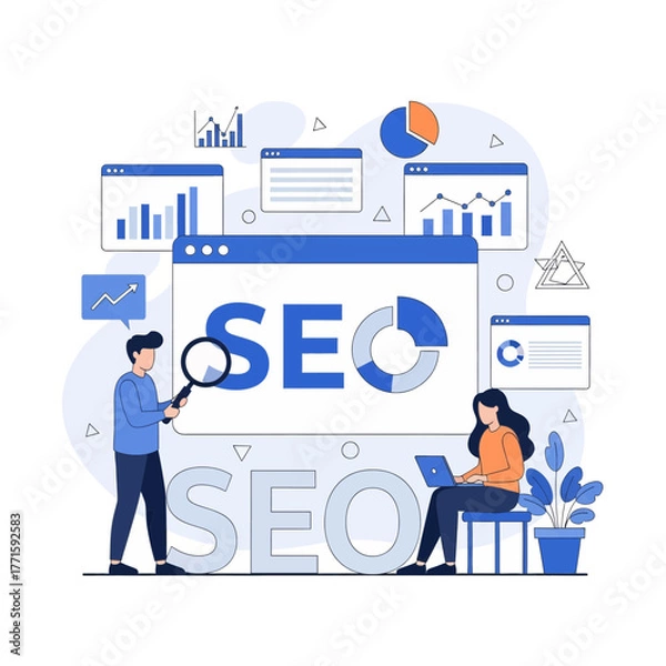Obraz Flat illustration of two people working on seo optimization and analysis