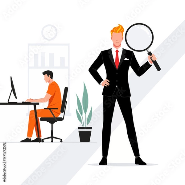 Obraz Flat illustration of business man with magnifying glass and prisoner working on computer