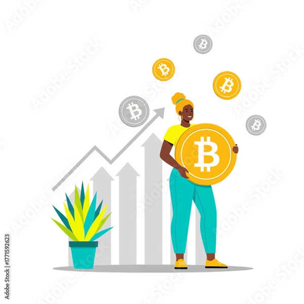 Obraz Flat illustration of woman holding a big bitcoin coin, cryptocurrency growth