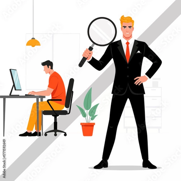 Obraz Flat illustration of confident seo expert with magnifying glass