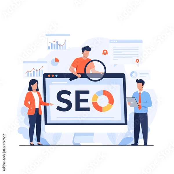 Obraz Flat illustration of team analyzing seo data on a computer screen