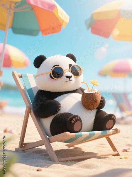 Fototapeta Summer Panda Under Colorful Umbrellas