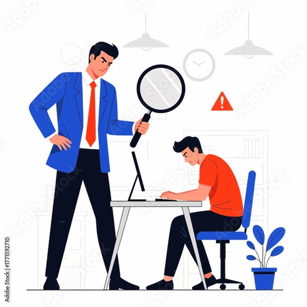 Obraz Flat illustration of boss with magnifying glass watching employee working