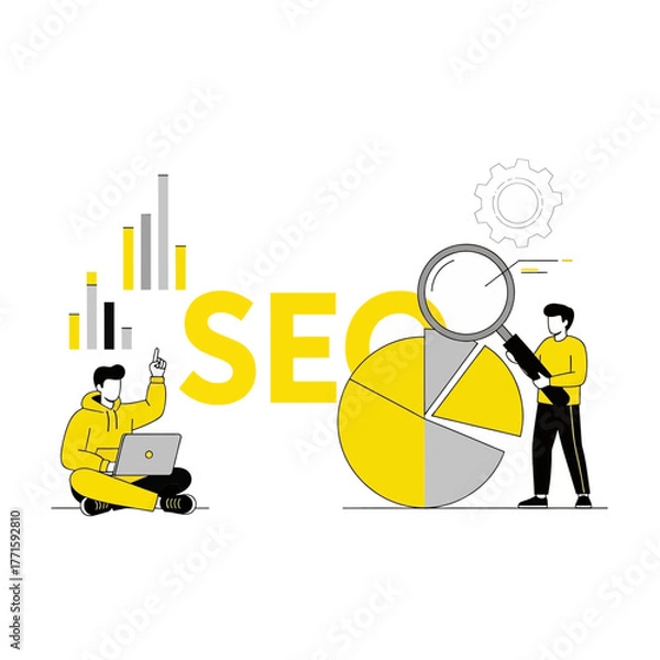 Obraz Flat illustration of seo analysis and optimization concept, team working on search engine optimization